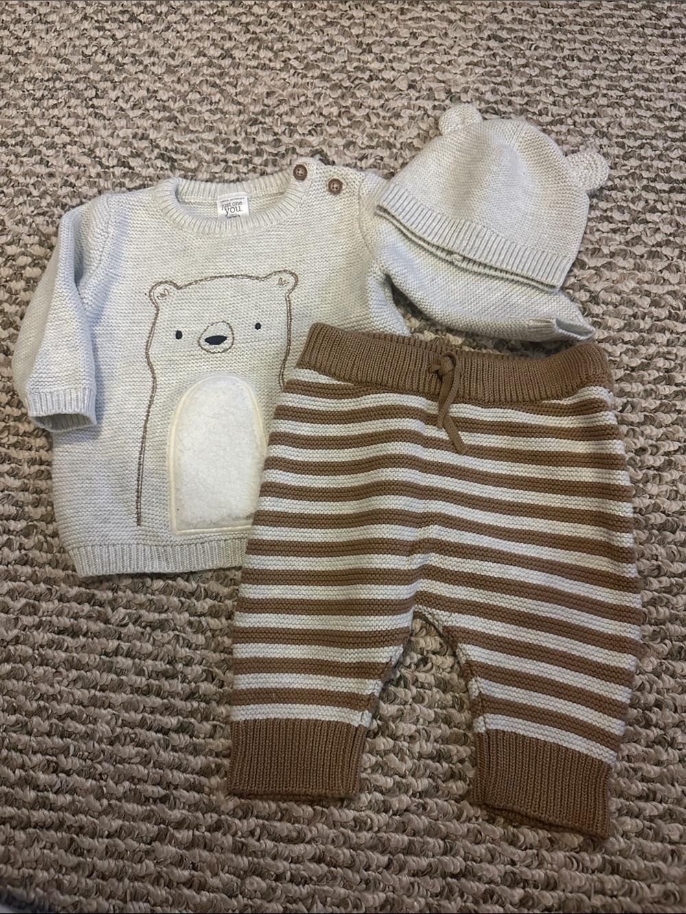 Cozy Bear Knit Kids Matching Set - Grey, Cream & Brown
